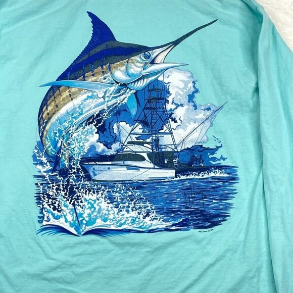 Guy Harvey Shirt Mens Large Blue Long Sleeve Pocket Tee Sailfish Boat Graphic - Picture 4 of 4